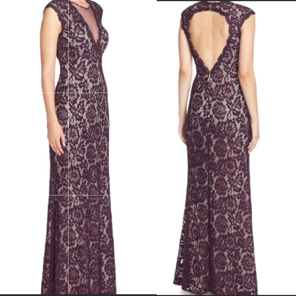. Betsy & Adam purple lace overlay floor length‎ gown size 6